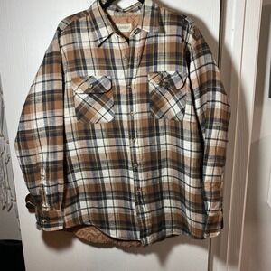 St Johns Bay Mens Quilted Flannel Shirt Jacket‎ Brown Plaid Lined Shacket XL/2X